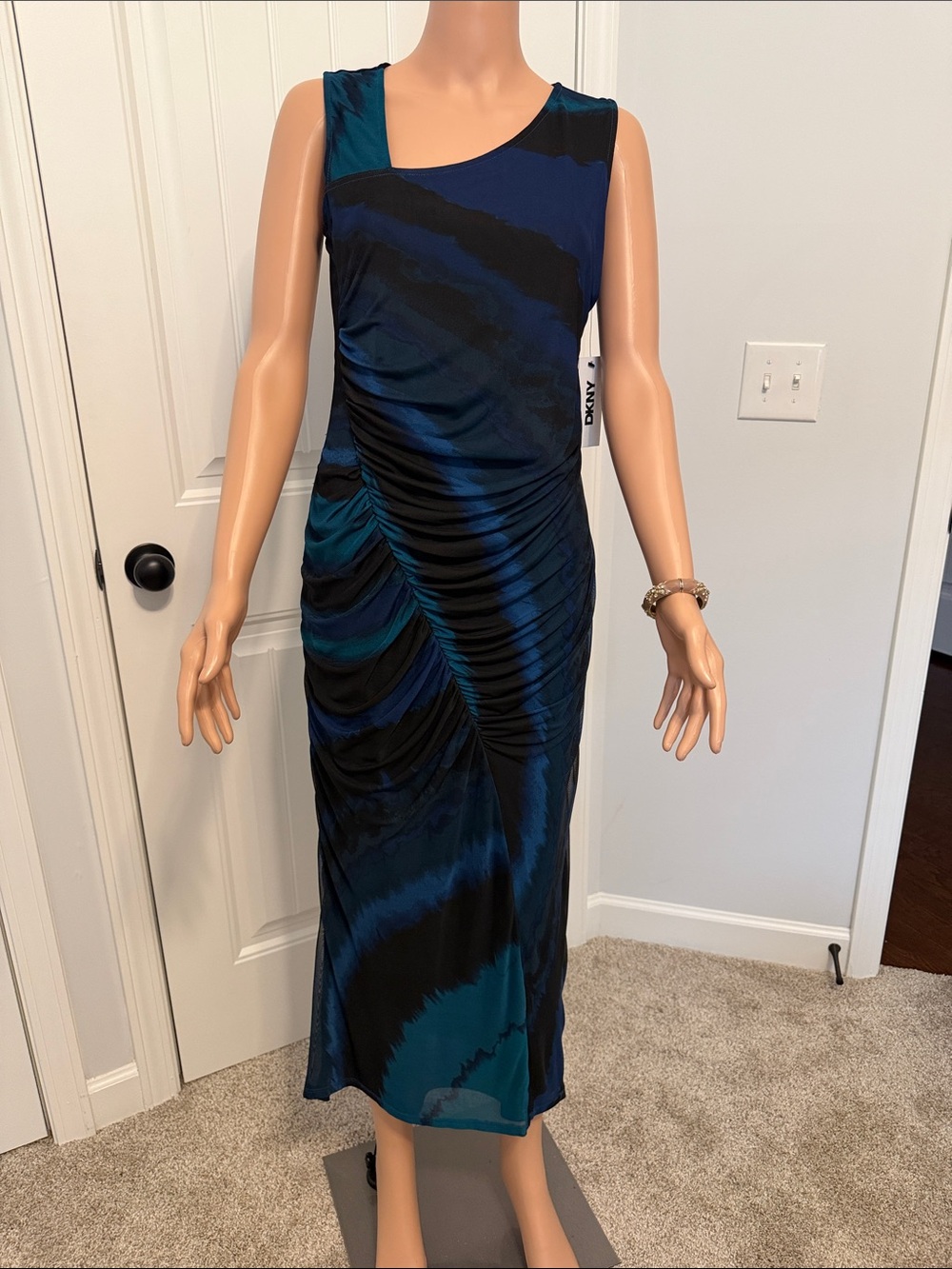 DKNY One-Shoulder Blue and Black Ruched Evening Gown